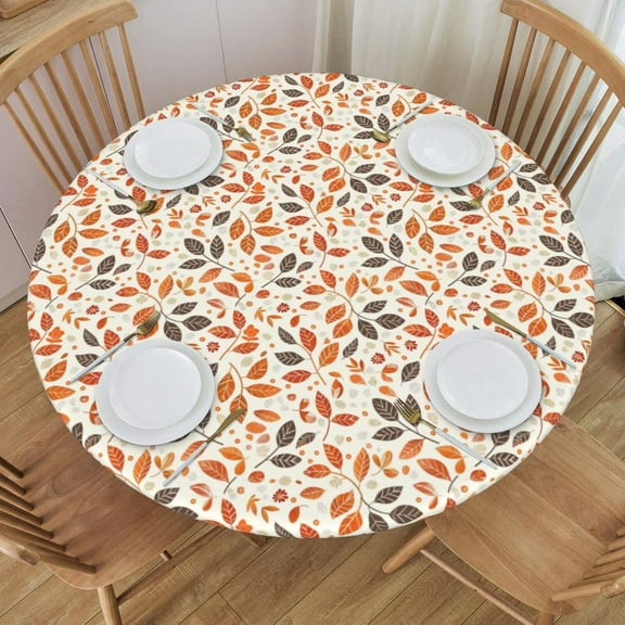 muroi Fall Round Tablecloth Dark Brown Orange Leaf Floral Thanksgiving Table Cover with Elastic Edge Autumn Washable Fitted Table Cloth for Kitchen Patry Outdoor Decor Fits 45"-50", Medium