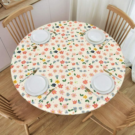 muroi Ginham Pattern Lemon Basket Fitted Round Tablecloth Waterproof Table Cloth with Elastic Edge Wipe Clean Table Cover for Indoor Outdoor Fits 45"-50", Medium