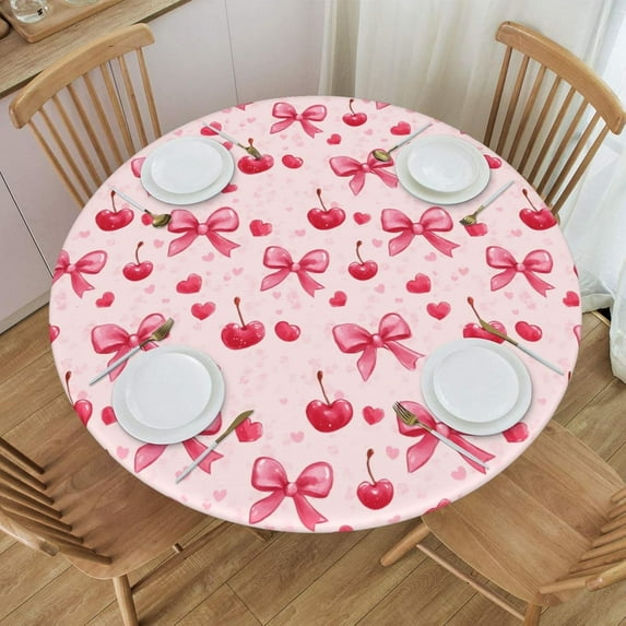 muroi Heart Cherry Pink Bows Round Fitted Tablecloth with Elastic Protector Table Kitchen Dinner Waterproof Oil-Proof Table Covers Fits 40"-44", Small