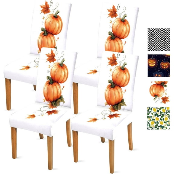 muroi Pumpkin Chair Covers for Dining Room Kitchen Set of 4 – Autumn Thanksgiving Washable Stretch Slipcovers for Dining Chairs
