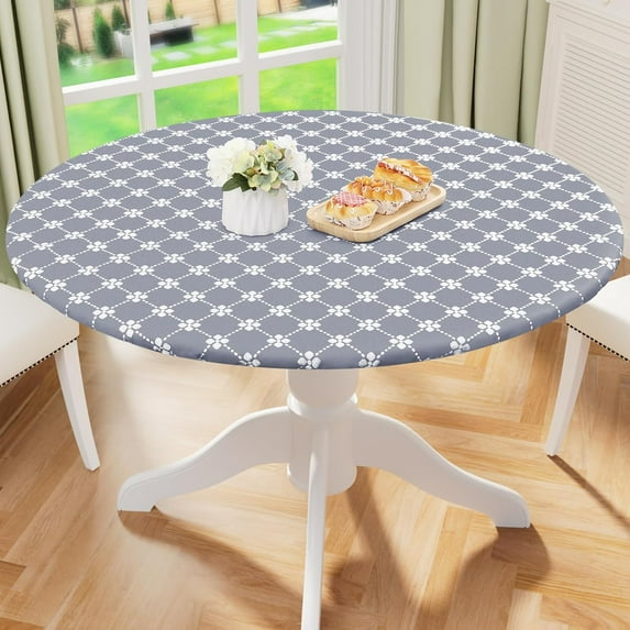 muroi Round Fitted Tablecloth with Elastic Edge, 100% Waterproof Oil Proof Plastic Table Cover, Vinyl Flannel Backed Tablecloth Fits 36"-44" Round Tables for Dinner, Outdoor, Picnic, White and Grey