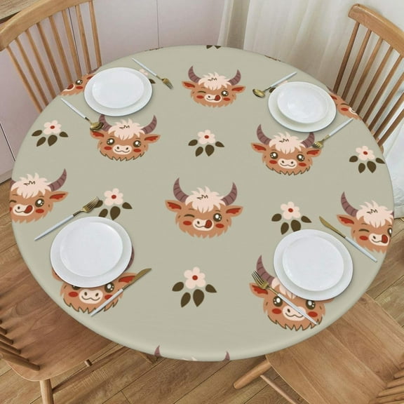 muroi Round Tablecloth Highland Cow and Flowers Round Fitted Tablecloth with Elastic Edge, Waterproof Oil Proof Table Cloth Wipe Clean Table Cover for Indoor and Outdoor Fits Small