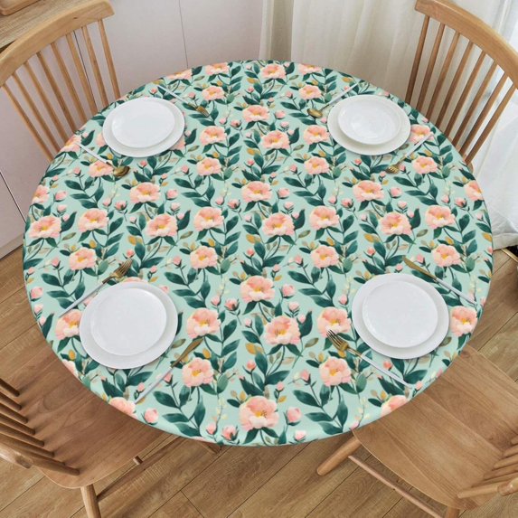 muroi Round Tablecloth Pink Cherry Round Fitted Tablecloth with Elastic Edge, Waterproof Oil Proof Table Cloth Wipe Clean Table Cover for Indoor and Outdoor Fits Small