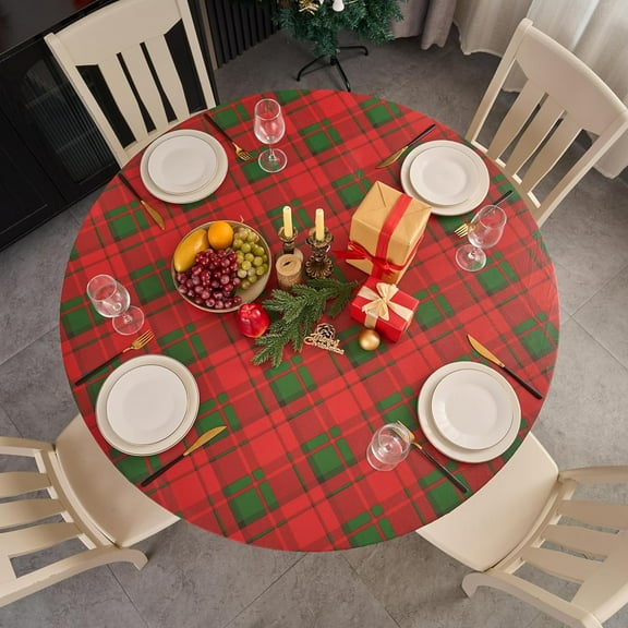 muroi Round Vinyl Christmas Tablecloth with Elastic Edge, Checked PVC Table Cloth Waterproof Wipe Clean Red Table Cover for Indoor and Outdoor, 45"- 56"