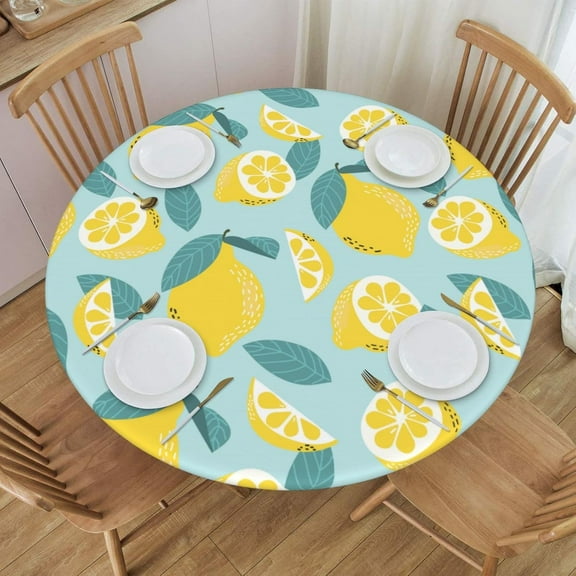 muroi Seamless Lemon Citrus Fruit Fitted Round Tablecloth Waterproof Table Cloth with Elastic Edge Wipe Clean Table Cover for Indoor Outdoor Fits 45"-50", Medium