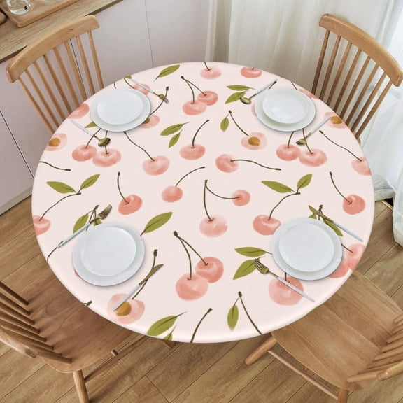 muroi Watercolor Cherry with Twig Round Fitted Tablecloth with Elastic Protector Table Kitchen Dinner Waterproof Oil-Proof Table Covers Fits 40"-44", Small