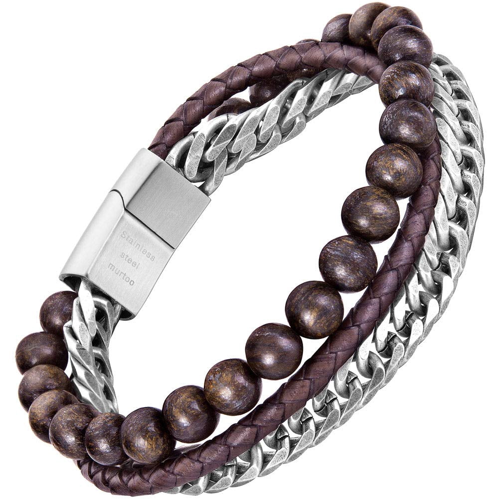 murtoo Mens Bead Leather Bracelet, Natural Bead, Steel and Leather Bracelet for Men Women, Simple Gift