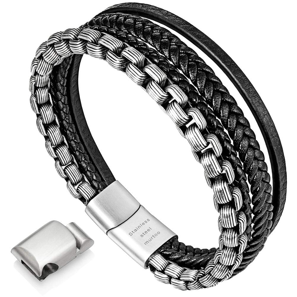 murtoo Mens Bracelet Leather and Steel, Stainless Steel Chain and Leather Bracelets for Men, Wristband Gift for Husband Boyfriend Father