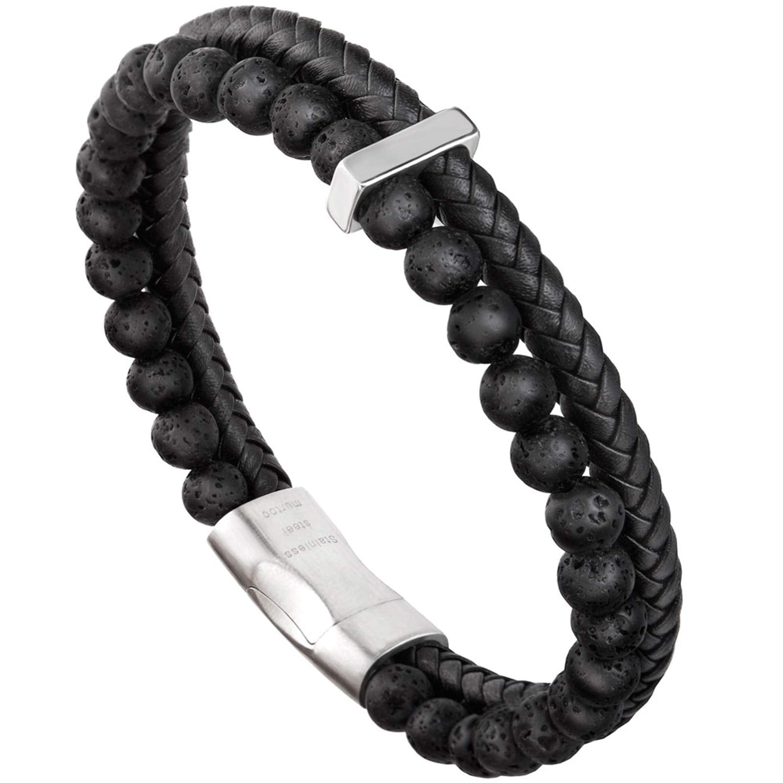 murtoo Mens Leather Bracelet, Natural Bead, Steel and Leather Bracelet for Men Women Father's Day Valentine's Day Christmas Gift