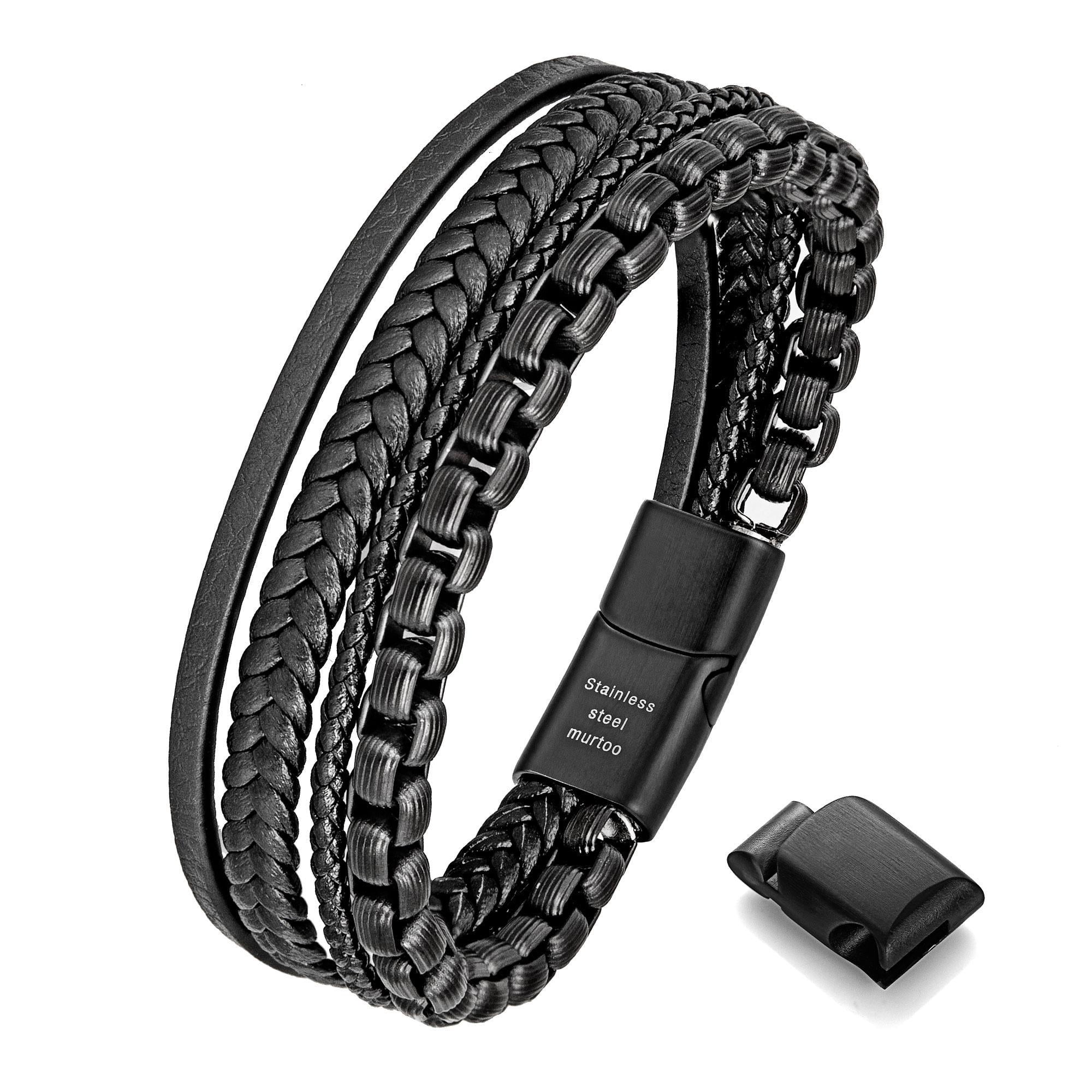 murtoo Mens Leather Bracelet with Chain, Stainless Steel Clasp Braided Wristband for Men, Multi-Strand Adjustable Bracelet with Gift Bag