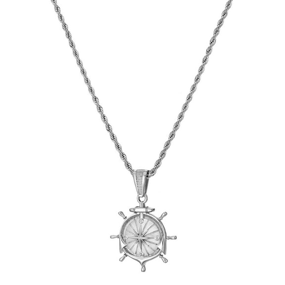 murtoo Stainless Steel Compass Pendant Necklace for Men Women, 18 Inch Twist Rope Chain Nautical Jewelry