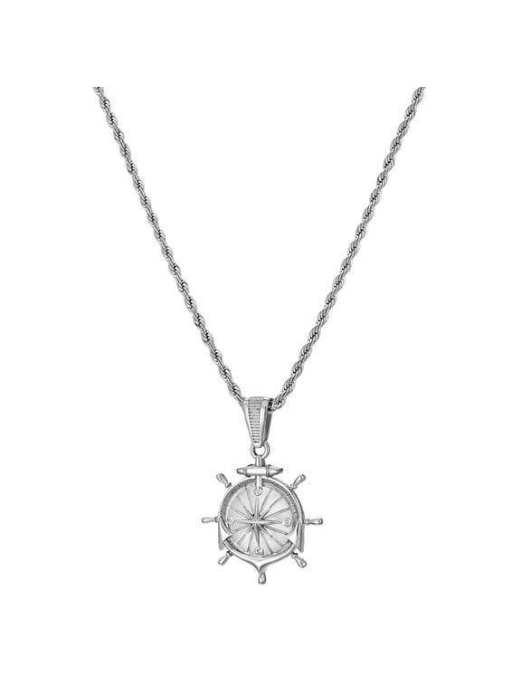 Stainless Steel Compass Pendant Necklace for Men Women, 18 Inch Twist Rope Chain Nautical Jewelry