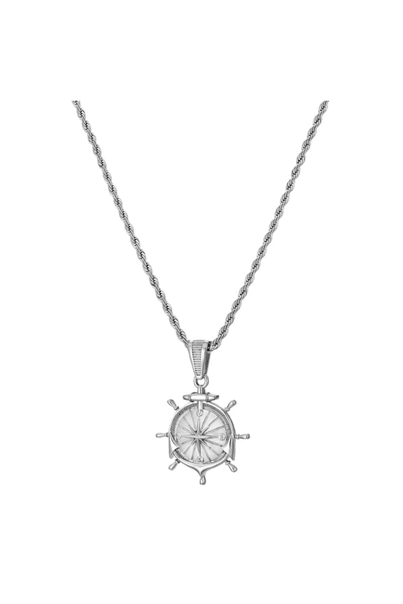 Stainless Steel Compass Pendant Necklace for Men Women, 18 Inch Twist Rope Chain Nautical Jewelry