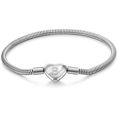 murtoo initial heart bracelet stainless steel snake chain letter charm jewelry 7.5 inch for women