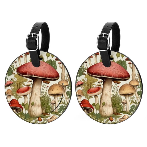 mushroom 2Pcs PU Leather Round Luggage Tags with Privacy Cover and Name ID Tag for Suitcase, Handbags, Backpacks, School Bags