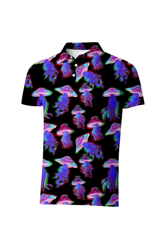 mushroom Golf Shirts for Men Outfit Dry Fit Performance Rave Outfit Retro Short Sleeve Casual Polo Shirt S