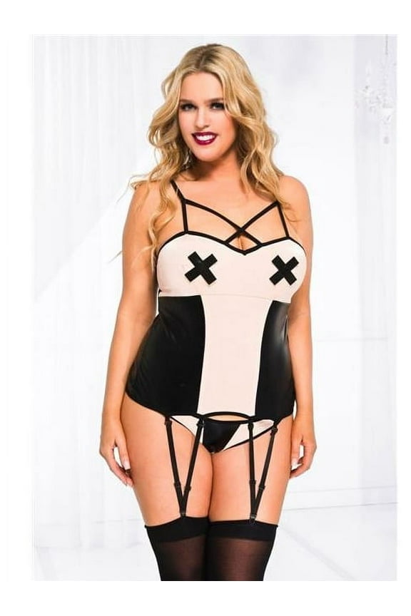 20016q-3x-4x plus size black & nude cross strap wet look garter cami with matching panty, 3x & 4x