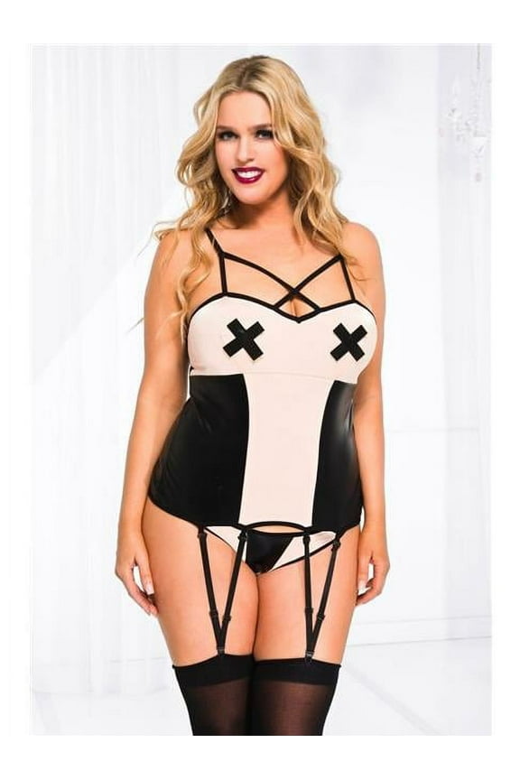 20016q-3x-4x plus size black & nude cross strap wet look garter cami with matching panty, 3x & 4x