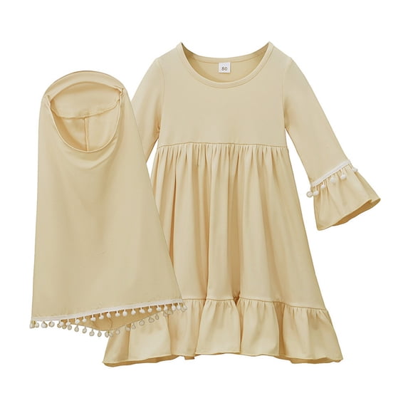 Toddler Dresses 2T-3T for Girl Girls Muslim Dresse with Hijab Solid Color Long Sleeved Dress+Headscarf Two-Piece Dress Set for Children and Girls During The Muslim Holy Month Of Ramadan,6 Month-8Year