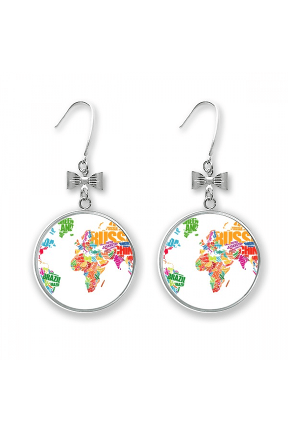 mutlicolour world map countries name bow earrings drop stud pierced hook