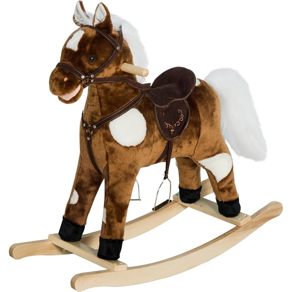 muzi Kids Metal Plush Ride-On Rocking Horse Chair Toy with Nursery Rhyme Music - Dark Brown