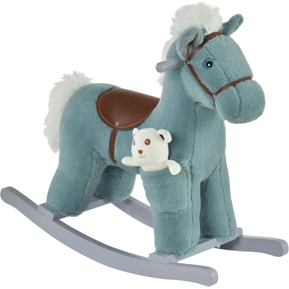 muzi Kids Plush Ride-On Rocking Horse with Bear Toy, Children Chair with Soft Plush Toy & Fun Realistic Sounds, Blue