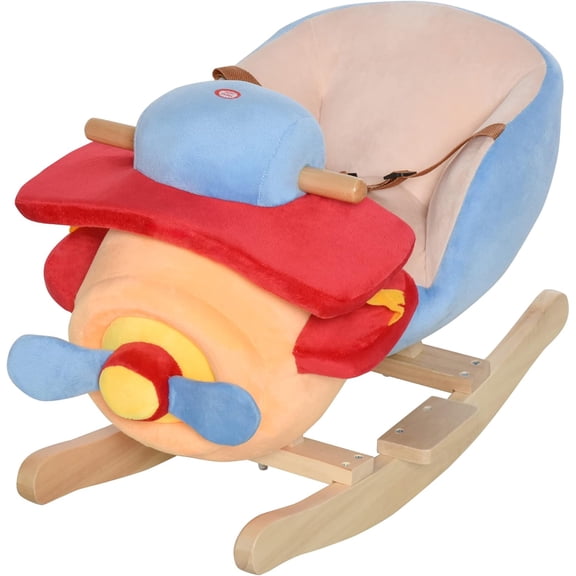 muzi Kids Rocking Horse, Wooden Plush Ride-on Plane Chair Toy with Lullby Song and Seat Belt for 18 Month +