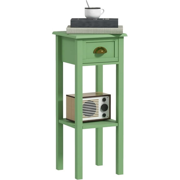 muzi Narrow End Table with Drawer and Bottom Shelf, Slim Side Table for Small Spaces, Skinny Modern Space-Saving Accent Desk for Living Room, Set of 1, Green