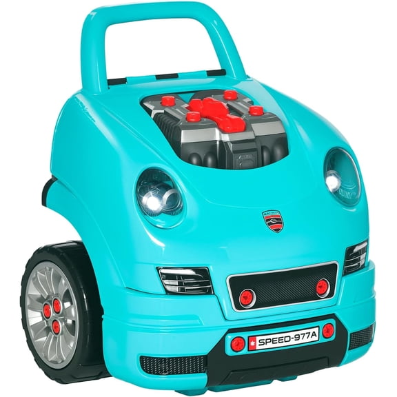 muzi Truck Engine Toy, Kids Mechanic Set with Lights, Sounds, Steering Wheel and Horn, Pretend Car Service Station Play with 61-Piece Included, Toy Engine Building Kit for Kids Aged 3+, Blue