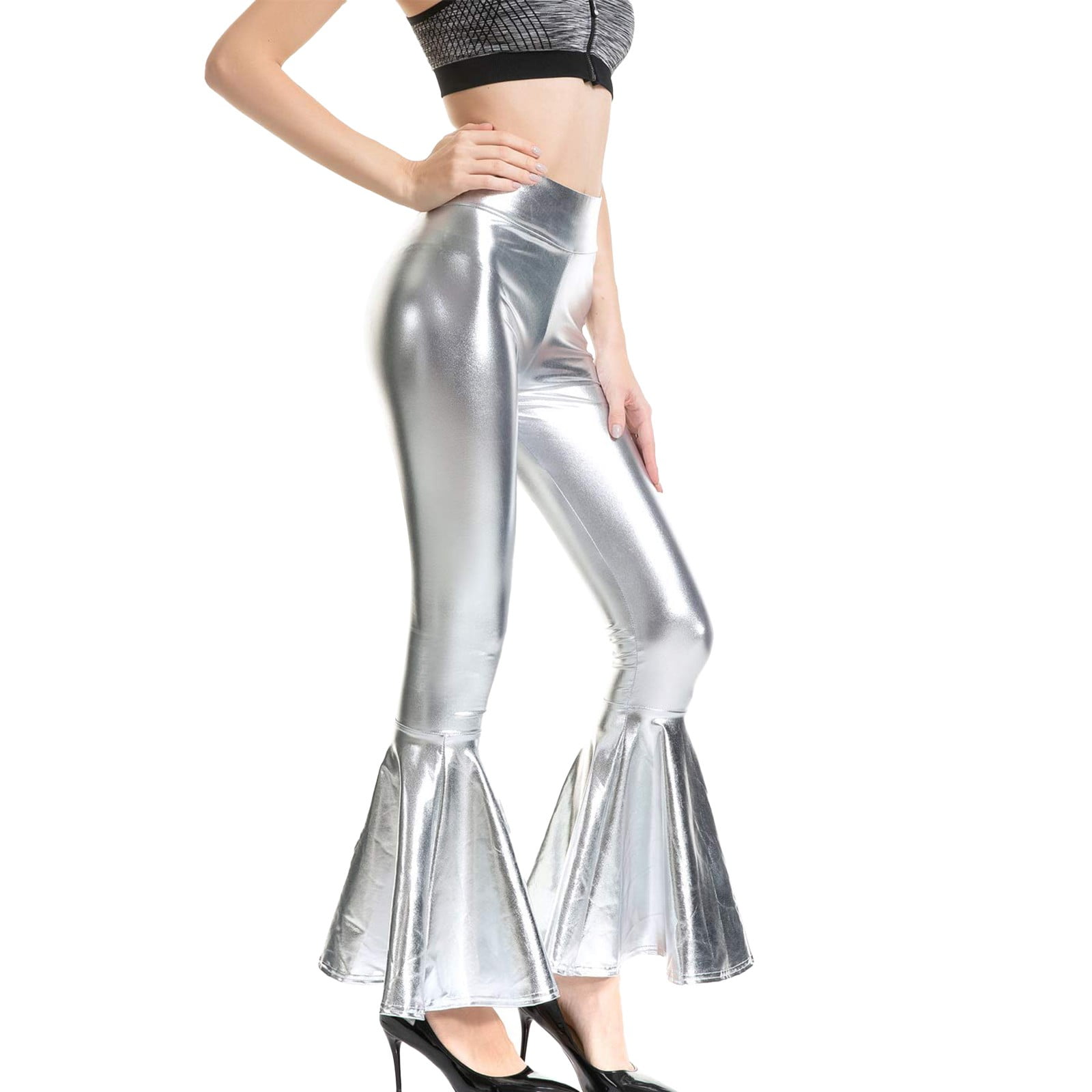 Women's Shiny Metallic Flare Pants High Waisted Bell Bottom Disco