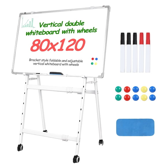 mwptoo Double Sided Magnetic Dry Erase Whiteboard, Foldable A-Frame Rolling Easel Stand Height Adjustable for Classroom Office Home Teaching