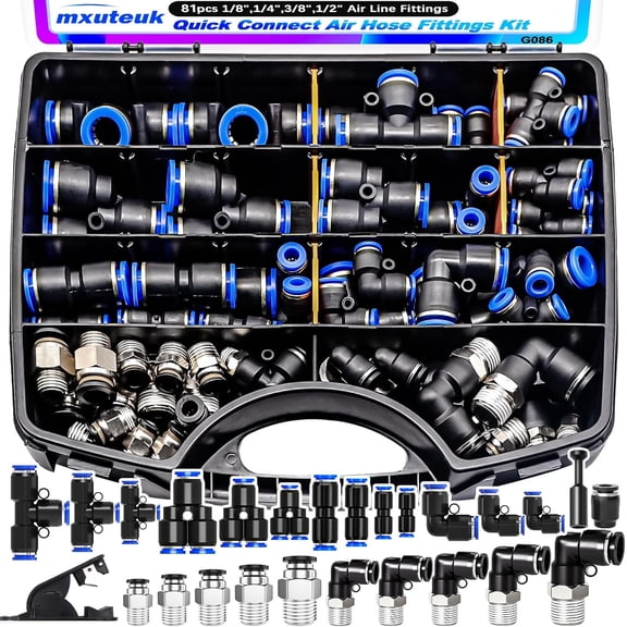 mxuteuk 81PCS Quick Connect Air Hose Fittings Kit,1/8",1/4",3/8",1/2" Push to Connect Fitting,Air Line Quick Connect Fittings,Quick Release Pneumatic Kit