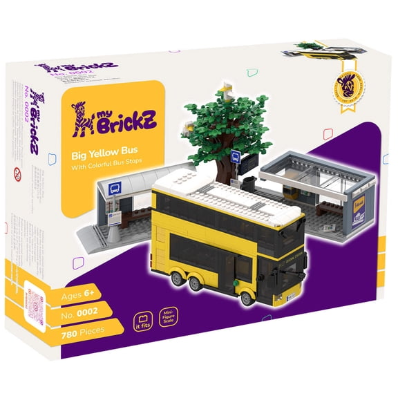 myBrickZ Yellow double-decker bus with bus stop #0002