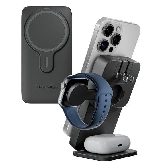 myCharge EcoHub 3-in-1 Magnetic Wireless Charger & Battery Pack iWatch, AirPods - 6,000mAh Battery | Built-in Wall Plug | 15W Magsafe Wireless Output | Foldable | Charging Station | Black Y201
