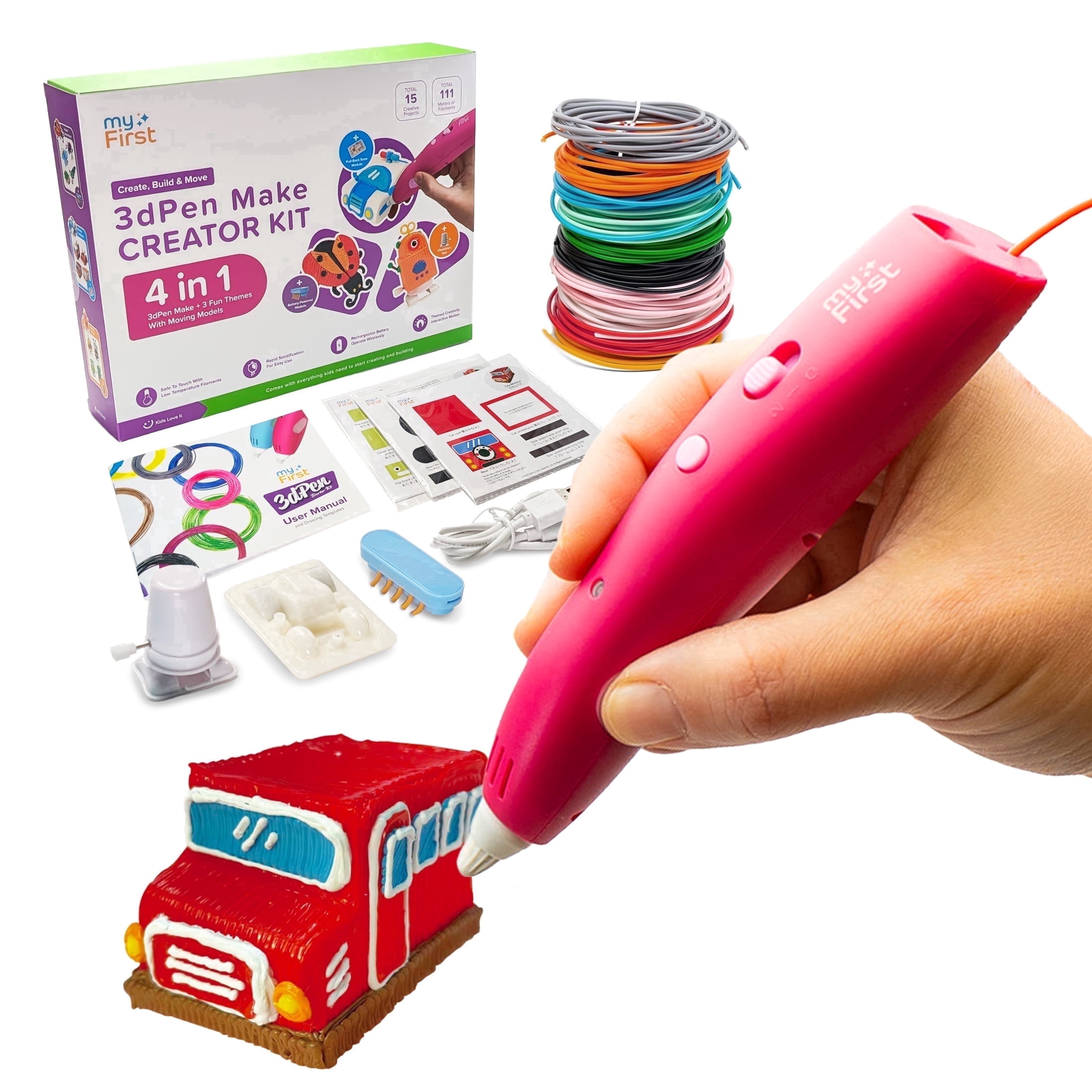 myFirst 3D Pen Make Creator Kit Red, 4-in-1 Kids Low-Heat PCL 3D Printing Pen Kit with 51 Filament Rolls & 15 Templates