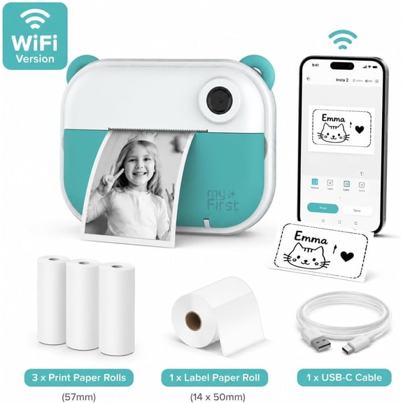 myFirst Camera Insta Wi - Kids Digital Camera Instant Print, Label Maker, 12MP, 1080P Video, Selfie Lens, Memory Card, Lanyard, for Kids 3-12 (Teal)