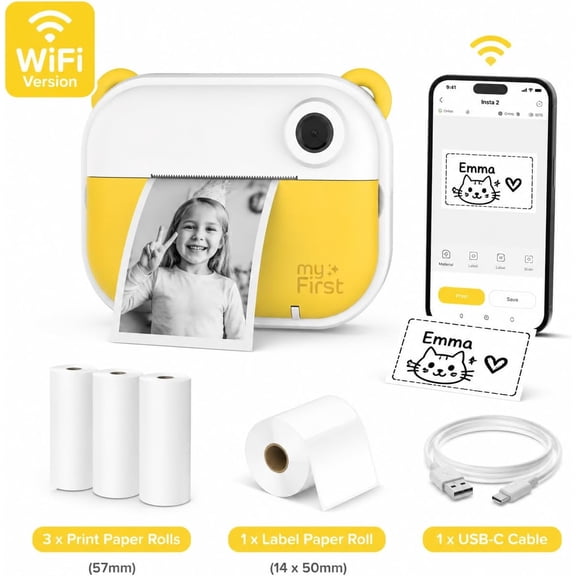 myFirst Camera Insta Wi - Kids Digital Camera Instant Print, Label Maker, 12MP, 1080P Video, Selfie Lens, Memory Card, Lanyard, for Kids 3-12 (Yellow)