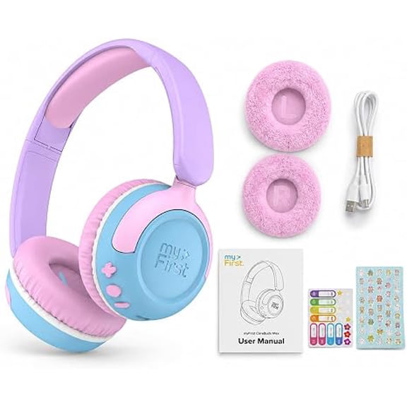 myFirst CareBuds Max Kids Wireless Headphones with Mic, Smart Volume Limit, 52H Playtime, Fast Charging, Interchangeable EarPads (Cotton Candy Mix)