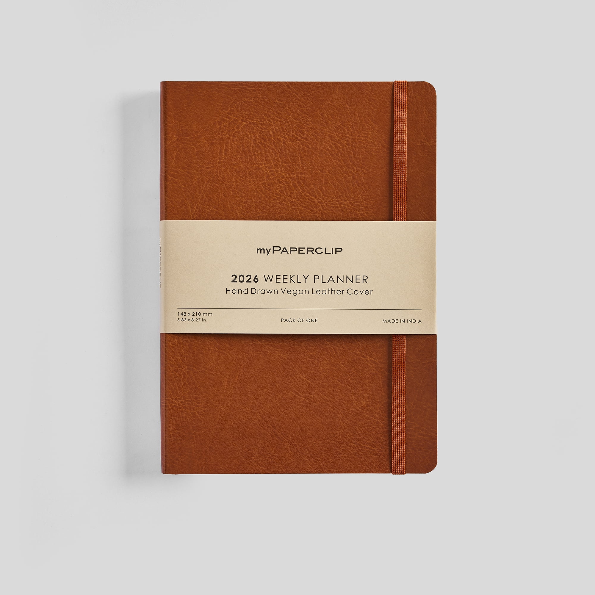 myPAPERCLIP 2026 Weekly Planner, Vegan Leather, A5 (5.83" x 8.27"), Tan