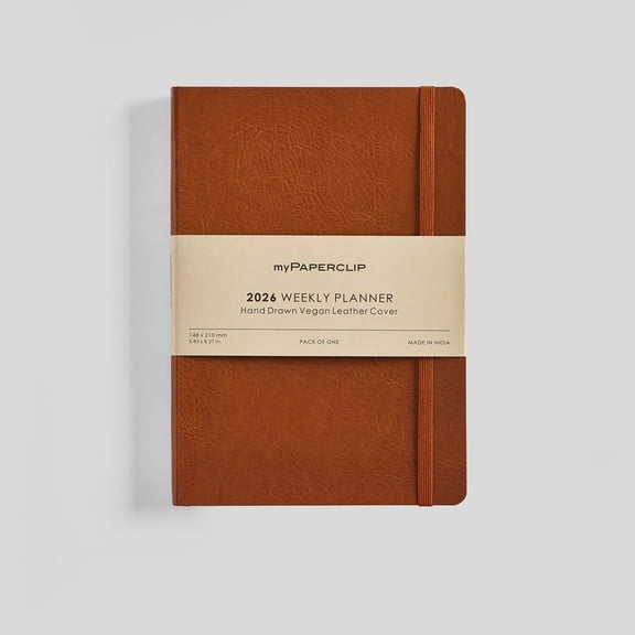 myPAPERCLIP 2026 Weekly Planner, Vegan Leather, A5 (5.83" x 8.27"), Tan