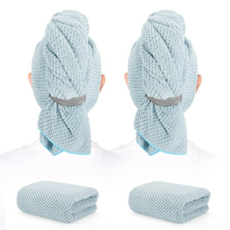 mygreen 2 Pack Microfiber Hair Towel - 41 x 24 inches Super Soft, Absorbent, Fast Drying Without Frizz Hair Towel Wrap for Women Long, Thick, Curly Hair - Hair Turbans with Elastic Strap 2 Pcs Blue