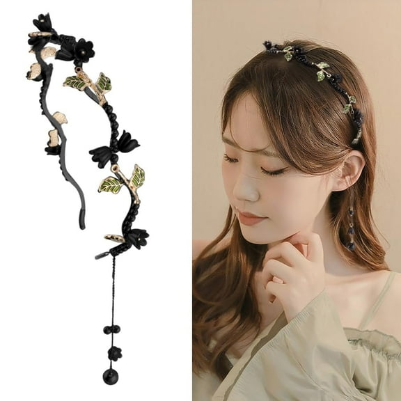 mygreen Black Flower Headband for Women Girls Hair Vine Leaf Boho Headband Wedding Fairy Accessories Headpiece Black