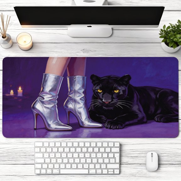 mysterious black panther and silver high heels aesthetic art Mouse Pad,Non Slip Rubber Pad,Desktop Decoration Drotection Pad,Washable,Lock Edge Multi Size,Mousepad For Home