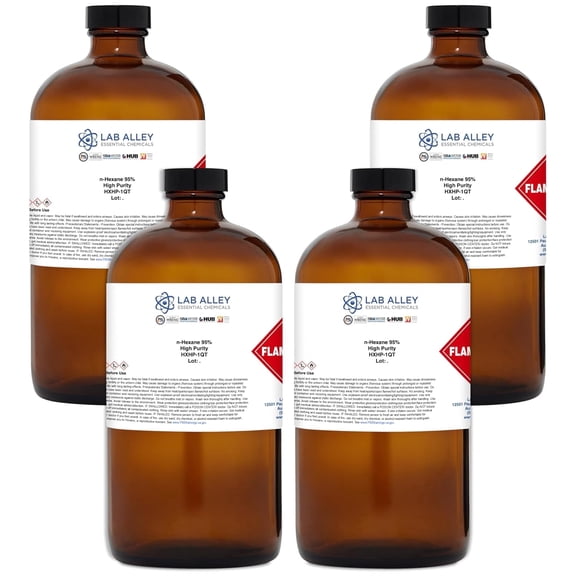 Lab Alley n-Hexane Chemical Solvent, 95% High Purity Grade, Pack of 4 x 1 Gallon Bottles