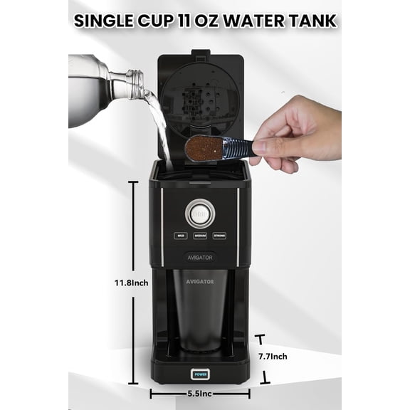 n Single Serve Coffee Maker with 11oz. Travel Coffee Mug Stainless Steel, Brew Strenth Adjustable, Permanent Filter, Black