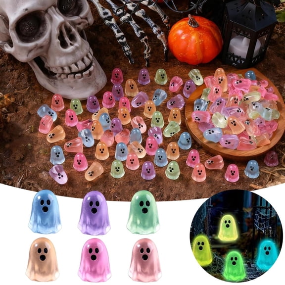 nTRIUQJ 100pcs Halloween Mini Ghosts Figures, Luminous Small Little Resin Ghost Figurines to Hide Glow in The Dark Tiny Statue for Halloween Party Favors Dollhouse Decorations