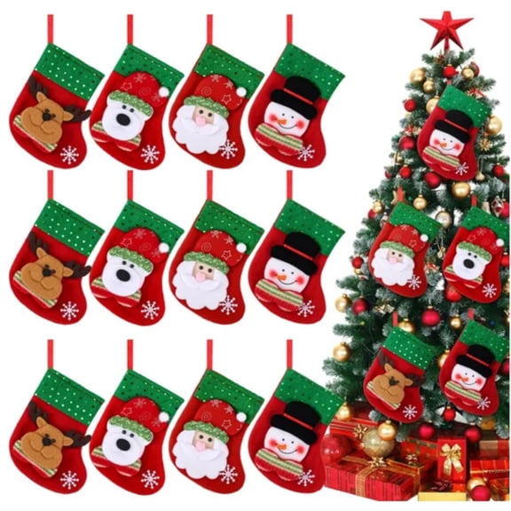 nTRIUQJ 12Pcs Mini Christmas Stockings Bulk 6.3" Small Felt Christmas Stockings Snowman Polar Bear Santa Claus Reindeer, Candy for Xmas Tree Fireplace Family Pet Party