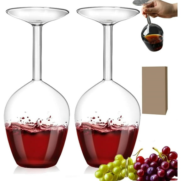 nTRIUQJ 14 Oz Upside Down Glass, Unique Inverted Down Red Glasses, Funky Stemmed Creative Upside Down Cups for April Fool's Day Christmas, 2 Pcs