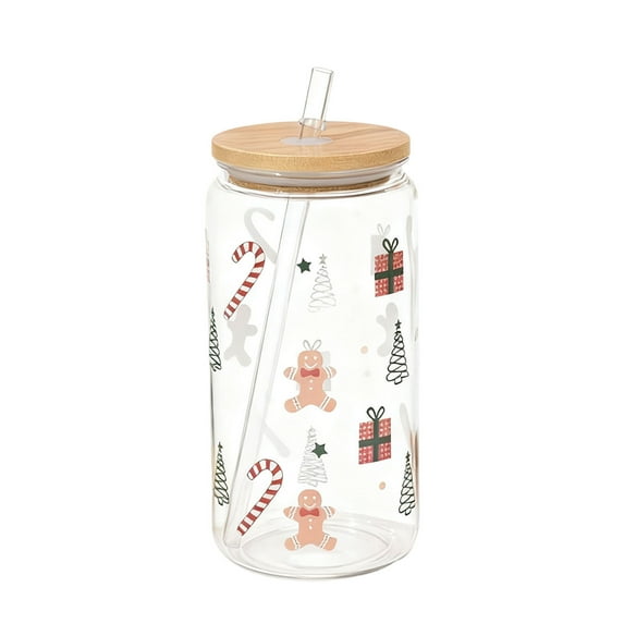 nTRIUQJ Christmas Glass Cups 16oz Iced Coffee Cups with Lids and Straws Drinking Glasses Cups Decor Glass Water Bottles Gift for Women Kids Men Cute Drinking Can Jar, Tumbler Gifts White3