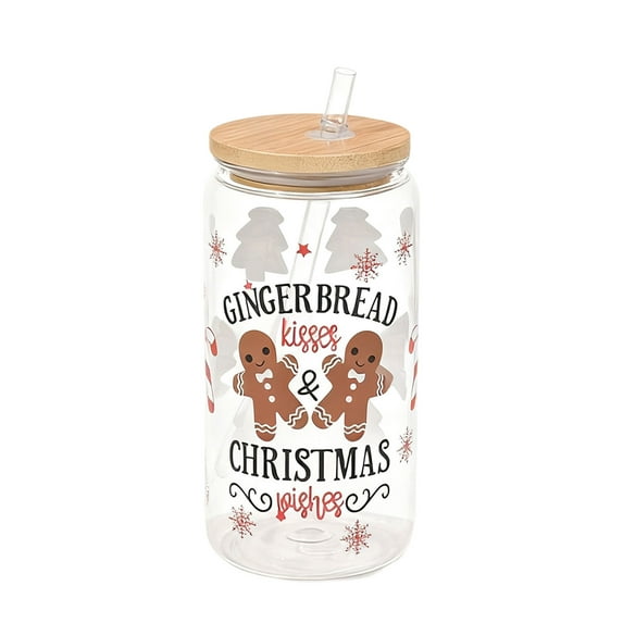 nTRIUQJ Christmas Glass Cups 16oz Iced Coffee Cups with Lids and Straws Drinking Glasses Cups Decor Glass Water Bottles Gift for Women Kids Men Cute Drinking Can Jar, Tumbler Gifts White1